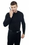 Security Officer with walkie talkie Stock Photo