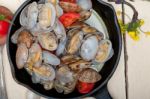 Fresh Clams On An Iron Skillet Stock Photo