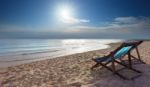 Wood Chairs Beach At Sea Side With Beautiful Sun Light On Clear Stock Photo