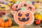 Halloween Decor Pumpkin Cookies Stock Photo