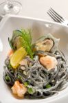 Seafood Black Spaghetti Stock Photo