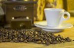 Cup Of Coffee, Coffee-beans, Coffee Grinder, Coffee Sack	 Stock Photo