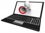 Laptop Loud Hailer Shows Internet Announcements Messages Or Info Stock Photo