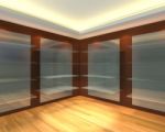 Glass Shelves In Brown Empty Room Stock Photo