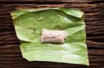 Nham Sour Pork In Banana Leaves Thai Food Stock Photo