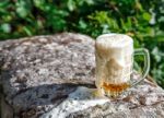 Glass Mug With Beer Standing On The Big Stone Stock Photo