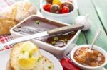 Goose Liver And Sauternes Pate With Peppers, Tomatoes, Sliced Br Stock Photo