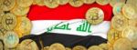 Bitcoins Gold Around Iraq  Flag And Pickaxe On The Left.3d Illus Stock Photo