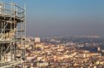 Scaffolding Above A City With A Clear Sky Stock Photo