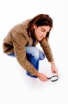 Top View Of Man Looking Through Lens Stock Photo