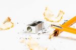 Broken Pencil With Metal Sharpener And Shavings Stock Photo