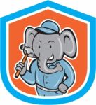 Elephant Builder Holding Hammer Crest Cartoon Stock Photo