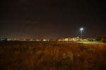 Night Public Park In The City With Houses Near Stock Photo