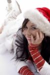 Woman Wearing Christmas Hat Stock Photo