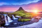 Kirkjufell At Sunrise In Iceland. Beautiful Landscape And Sunrise Stock Photo