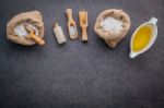 The Ingredients For Homemade Pizza Dough On Dark Stone Backgroun Stock Photo