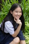 Portrait Of Thai High School Student Uniform Teen Beautiful Girl Happy And Relax, Stock Photo