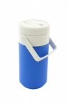 Small Blue Can Plastic Cooler Closed On White Background Stock Photo