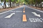  Safe Bikes Words With White Arrow Sign Marking On Road Surface In The Park Stock Photo