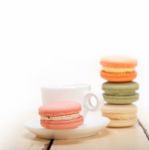 Colorful Macaroons With Espresso Coffee Stock Photo