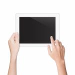 Hand Using Tablet Isolated White Clipping Path Inside Stock Photo