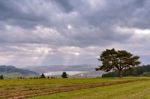 Slovakia Autumn Cloudy Morning Panorama. Rural Fall Scene Stock Photo