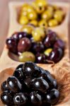 Variety Of Green, Black And Mixed Marinated Olives Stock Photo