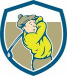 Golfer Swinging Club Shield Cartoon Stock Photo