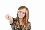 Smiling Woman Gives Over House Key Stock Photo