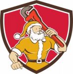 Santa Claus Plumber Monkey Wrench Shield Cartoon Stock Photo