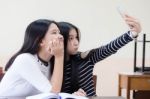 Two Asia Thai Teen Best Friends Girls Make Picture Selfie Pic Stock Photo