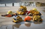 Fireman. Firefighters Fighting Fire During Training Stock Photo