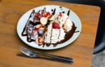 Ice Cream, Banana, Strawberry, Blueberry, Chocolate Waffles With Stock Photo