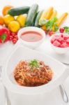 Spaghetti With Bolognese Sauce With Gazpacho Soup And Fresh Vege Stock Photo