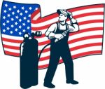 Welder Standing Visor Up Usa Flag Wavy Retro Stock Photo