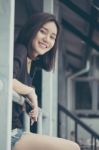 Portrait Of Thai Adult Beautiful Girl Relax And Smile Stock Photo