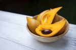 Fresh Canistel Fruit In Wooden Bowl Stock Photo