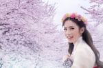 Asian Woman Wearing Traditional Korean Hanbok With Cherry Blossom Background Stock Photo