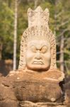 Statue Of Ancient Khmer Warrior Head At Angkor Wat Stock Photo