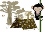 Camping Tent And Monkey On tree Stock Photo