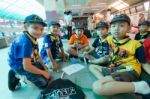 Student 9-10 Years Old, Scouts Work Together, Scout Camp In Bangkok Thailand Stock Photo