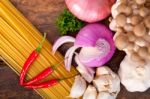 Italian Pasta And Mushroom Sauce Ingredients Stock Photo