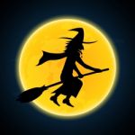 Halloween Witch Flying On Broom And Moon Stock Photo