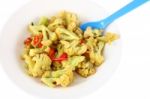 Cauliflower Fried With Chili And Blue Spoon Stock Photo