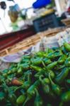 Green Peppers In A Market In India Stock Photo