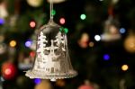 White Church In Glass Bell Shape Ornament Hanging On Christmas Tree Stock Photo