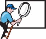 Worker Ladder Magnifying Glass Billboard Cartoon Stock Photo