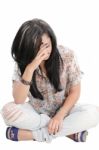 Depressed Woman Sitting On Floor  Stock Photo