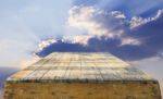 Top Of Old Wood Table Against Beautiful Sky With Copy Space Use Stock Photo