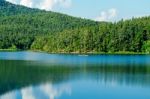 Landscape Of The Dam And Lake On The Mountain With Tree And Forest Stock Photo